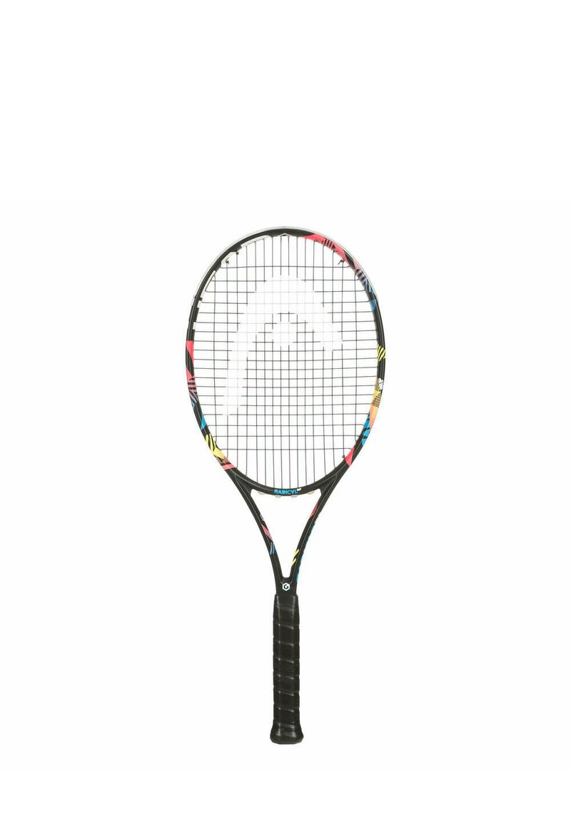 Tennis racket with a lightweight black frame, colorful accent patterns, and a textured black grip. Features a tightly woven string pattern.