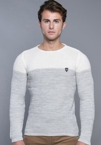 Lichtgrijze en witte gebreide trui met ribbelstructuur, ronde hals, contrasterende horizontale strepen en een klein zwart logo op de borst.