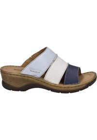 Leather slide sandal featuring three diagonal straps in white, light blue, and navy. Textured brown sole with raised patterns for grip.