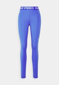 Blå Nike Pro leggings med en vit märkeskant. Slät, töjbar tyg, åtsittande design och inga synliga mönster eller detaljer.