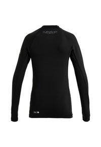 Rash guard negro de manga larga con cuello redondeado, costuras planas y un logo de Quiksilver en la parte posterior. Tela suave y elástica.