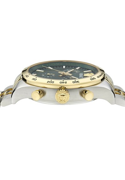Versace kell stainless steel ja kuldtooni korpusega, rohelise diali, kuldsete aktsentide, kronograafi omaduste ja lõvivapiga kroonil.