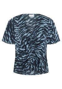 Krátký rukáv top v námořnické modři s světle modrým tygřím pruhovým vzorem. Má našitou přední část a výstřih do V. Hladká, měkká tkanina.