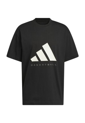 Czarny t-shirt z krótkim rękawem wykonany z bawełny, z dużym białym logo Adidas i słowem "BASKETBALL" poniżej w wyraźnej czcionce.