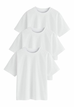 Drei schlichte weiße Baumwoll-T-Shirts mit kurzen Ärmeln, rundem Ausschnitt und weiter Passform. Keine sichtbaren Muster oder Akzente.