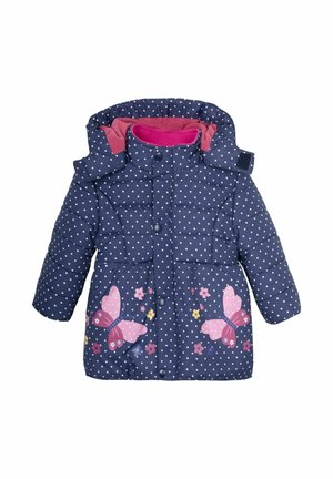 Veste matelassée bleu marine à pois avec broderies roses de fleurs et papillons, dotée d'une capuche et de boutons-pression, texture matelassée et col doublé.