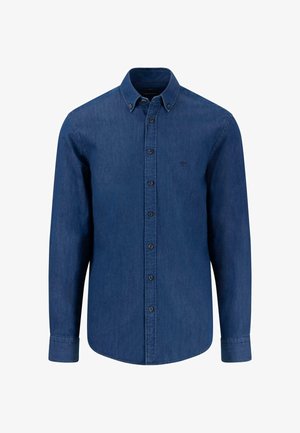 Tamsiai mėlynas džinsinis marškinis su ilgomis rankovėmis, mygtukų užsegimu, mygtukų apykakle ir subtiliu logotipo siuvinėjimu netoli krūtinės.