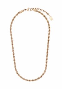 Collar de cadena en oro rosa con un diseño de eslabones retorcidos, asegurado con un cierre de langosta y una extensión de cadena ajustable.