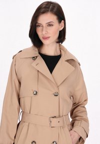 Palton bej cu un design cu două rânduri de nasturi, nasturi mari, guler fasonat și talie cu curea. Textură netedă, siluetă elegantă.