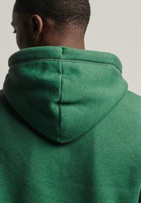 Felpa verde con una texture morbida, caratterizzata da un grande cappuccio e dettagli di cucitura visibili lungo il colletto e la cucitura posteriore.