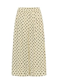Pantalon beige à jambes larges avec pois noirs, taille élastique et coupe ample et fluide.