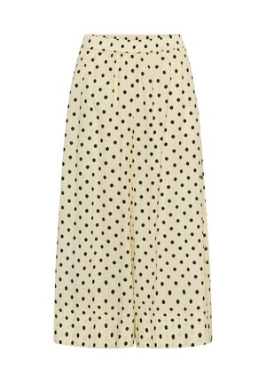 Beige broek met wijde pijpen en zwarte polkadots, elastische tailleband en een losse, vloeiende pasvorm.