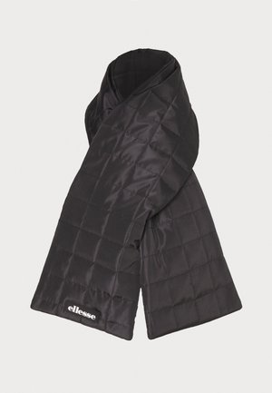 Zwarte, gewatteerde sjaal gemaakt van glad, glanzend materiaal. Heeft een rechthoekige vorm en een logo-patch aan het ene uiteinde. Lichtgewicht en warm ontwerp.
