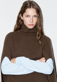 Bruine geribbelde coltrui met lange lichtblauwe mouwen; opvallend textuurcontrast en losse pasvorm. Model poseert met gekruiste armen.