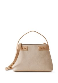Borsa a mano in pelle beige con finitura texturizzata, forma curvata, manico superiore, tracolla regolabile e due bottoni sul davanti.