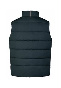 Gesteppte Weste in Dunkelgrün mit hohem Kragen, horizontalem Steppmuster und weiß gestreiftem Akzent entlang der Kragennaht.