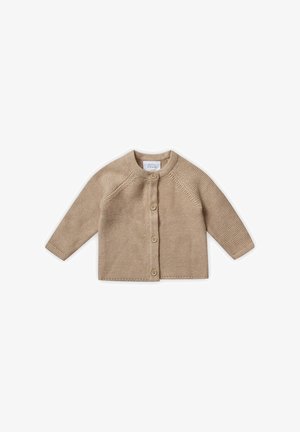 Beige gebreide cardigan met een ronde halslijn, lange mouwen en vijf houten knopen aan de voorkant. Gelaagd stof met ribbelaccenten.