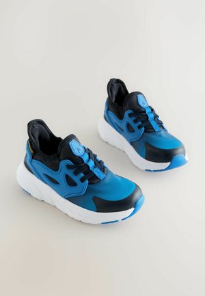 Blue and black athletic shoes with a smooth, structured design, featuring a white sole, laces, and ventilation cutouts on the sides.