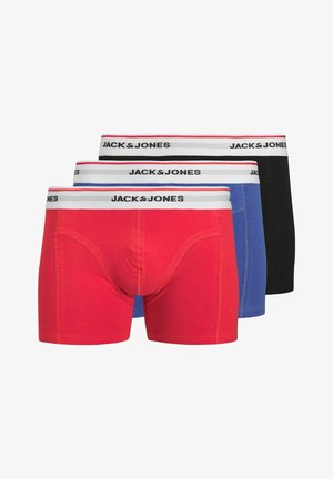 Drie paar heren boxershorts in rood, blauw en zwart, met een witte tailleband met zwarte tekst "JACK & JONES." Gemaakt van zachte stof.