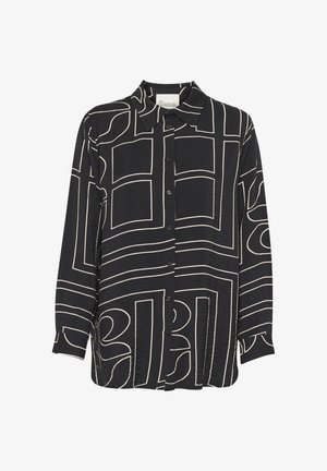 Black button-up shirt with long sleeves featuring abstract beige line patterns and a classic collar. Made from lightweight, textured fabric.