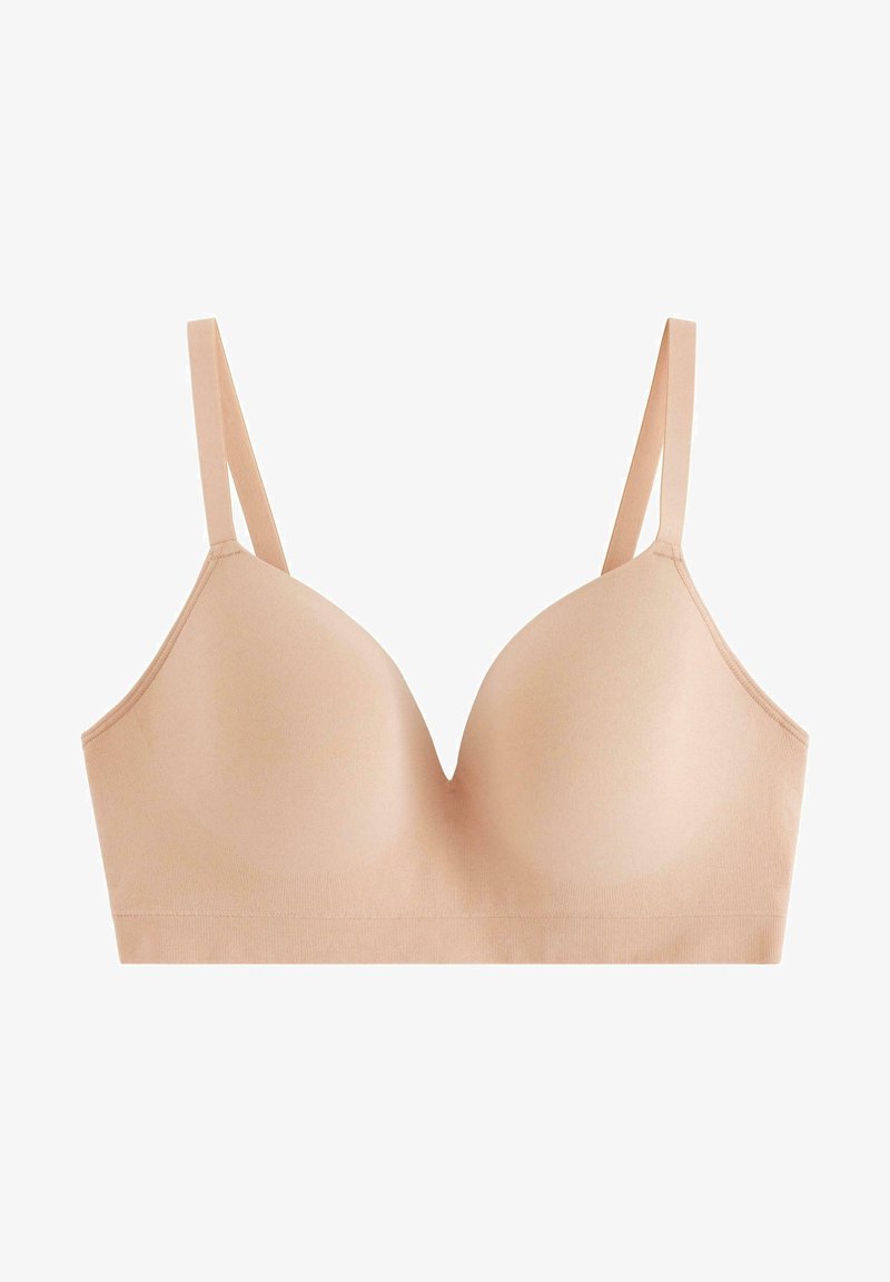 Reggiseno imbottito nude con spalline regolabili; texture liscia, scollatura a V, design senza cuciture e fascia ampia nella parte inferiore per supporto.