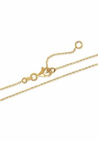 Guldhalsband med en hummerklämma, fina länkar och en justerbar förlängning med en rund ögla. Slät yta och metallisk glans.