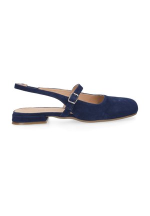 Navy blue suede slingback flat shoe with square buckle strap and low block heel on white background.
