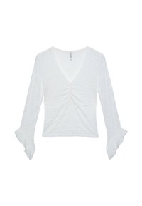 Weißes Langarmshirt mit V-Ausschnitt, geraffter Detail in der Mitte und ausgestellten Ärmeln. Strukturierter Stoff. Keine sichtbaren Muster oder Akzente.