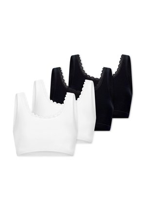 Set van vier katoenen tanktops in zwart en wit, elk met een geschulpte kanten rand langs de halslijn en brede schouderbanden.