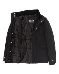 Czarna ocieplana kurtka zimowa z zatrzaskami i zamkiem błyskawicznym, z wieloma kieszeniami z przodu oraz widoczną metką marki wewnątrz kołnierza.