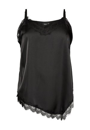 Camisole en satin noir avec bordure en dentelle sur le décolleté, les côtés et l'ourlet asymétrique, dotée de bretelles fines et d'une finition lisse.