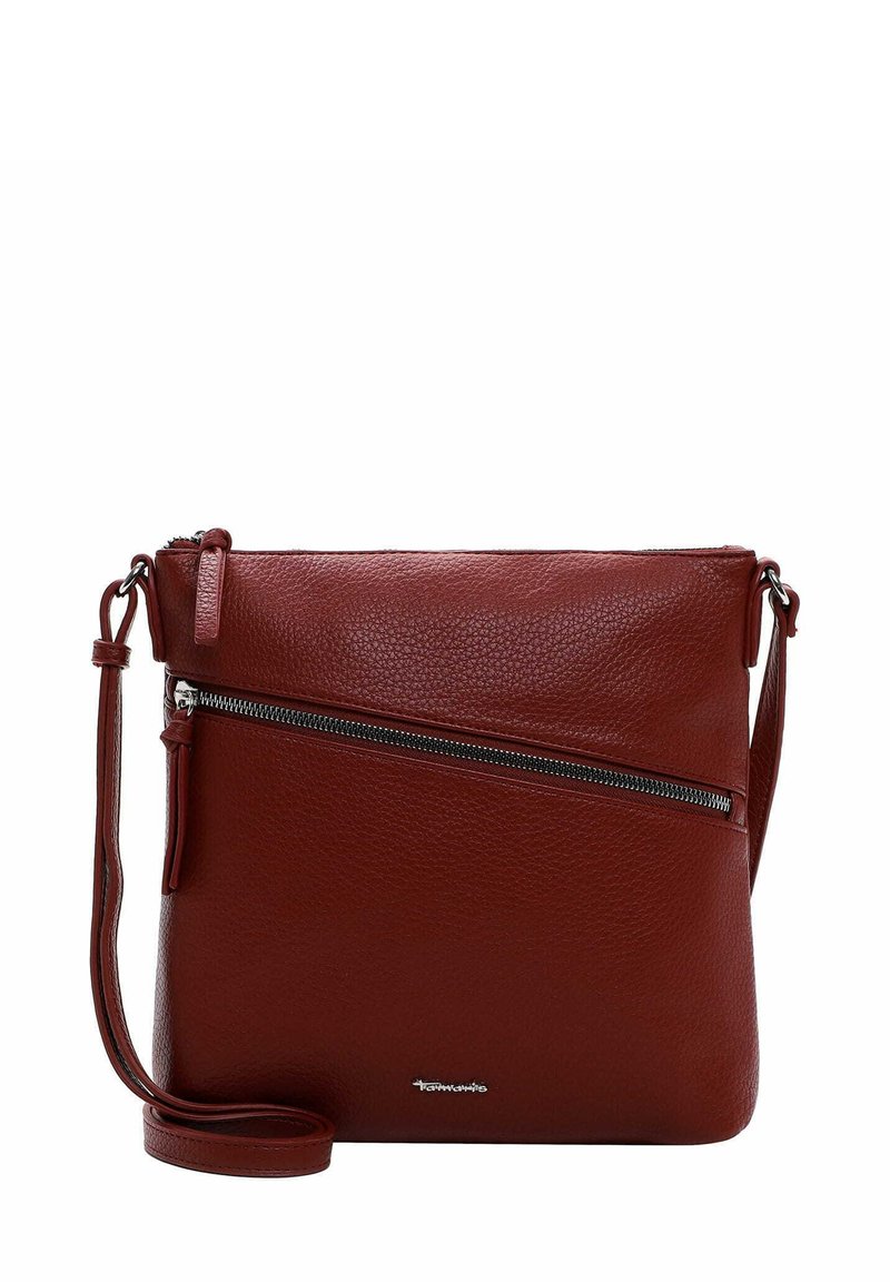 Red leather crossbody bag with a textured finish, adjustable strap, front zipper pocket, and metal hardware. Compact square shape.