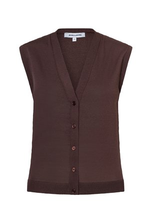 Ärmellose dunkelbraune Strickweste mit V-Ausschnitt und fünf Knöpfen vorne, gerippter Saum und Armausschnitte, Größe 36.
