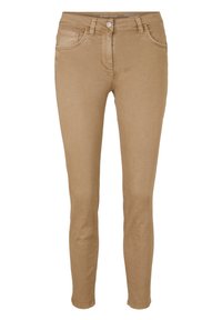 Jeans ajustados de color marrón claro con una textura suave. Cuenta con un cierre de botón en la parte delantera, cuatro bolsillos y detalles de costura sutiles.