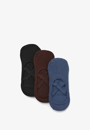 Tre paia di calzini a taglio basso in nero, marrone e blu, con tessuto testurizzato e fasce elastiche incrociate sui lati.