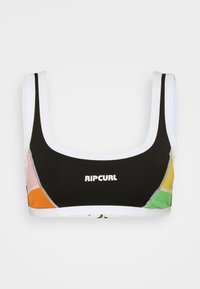 Black athletic bikini top with multicolored panel accents in pink, orange, yellow, and green. Features a white logo and wide straps.