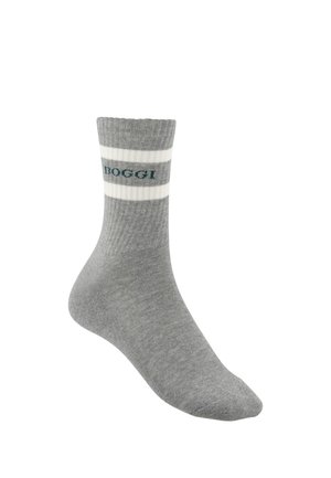 Grauer Crew-Socke mit zwei weißen Streifen nahe oben und dem Wort "BOGGI" in Dunkelgrün zwischen den Streifen gestrickt.