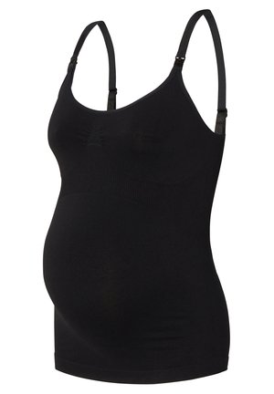 Débardeur de maternité noir avec des bretelles ajustables, en tissu extensible et à texture côtelée. Conçu pour le confort et l'ajustement pendant la grossesse.