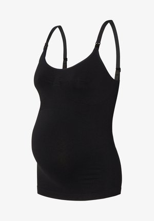Zwarte zwangerschaps tanktop met verstelbare bandjes, rekbare stof en ribbelstructuur. Ontworpen voor comfort en een goede pasvorm tijdens de zwangerschap.