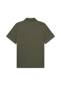 Olive green short-sleeve polo shirt with a folded collar, smooth texture, and a straight hem. Features shoulder seam detailing.