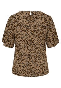 Haut marron à manches courtes avec un motif à pois noirs, présentant une ouverture en forme de clé à l'arrière et une coupe décontractée. Texture de tissu douce.