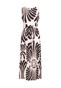 Ärmelloses Maxikleid mit einem cremefarbenen Hintergrund und auffälligen schwarzen Blumenmustern. Mit einem Taillengürtel und einer dekorativen Schnalle.