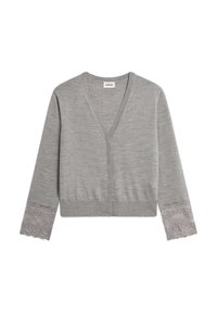 Grauer Strickcardigan mit V-Ausschnitt, langen Ärmeln und Spitzenbesatz an den Bündchen. Weicher Stoff, cropped Länge, minimalistisches Design.