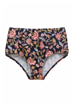 Hochtaillierte Bikinihosen mit einem dunklen marineblauen Hintergrund und einem lebhaften Blumenmuster in Rot, Pink, Gelb und Hellblau.