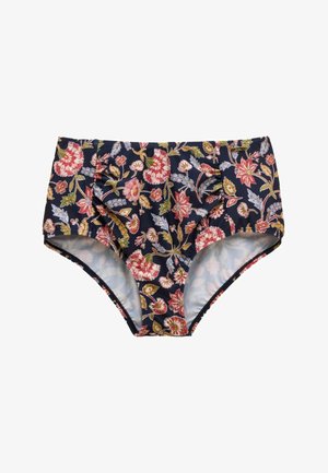 Hochtaillierte Bikinihosen mit einem dunklen marineblauen Hintergrund und einem lebhaften Blumenmuster in Rot, Pink, Gelb und Hellblau.