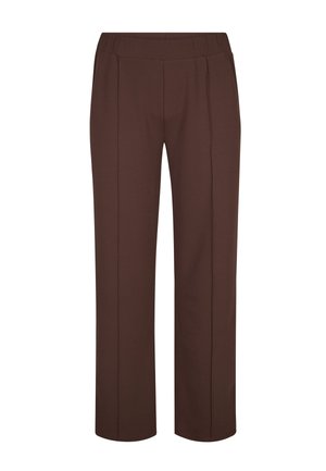 Bruine rechte broek met een elastische tailleband en verticale naaddetails aan de voorkant van elk been.