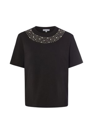 T-shirt noir à manches courtes avec un col rond décoré de perles petites et moyennes groupées.