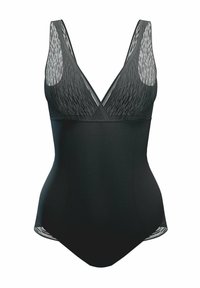 Schwarzer Einteiler-Badeanzug mit V-Ausschnitt und breiten Trägern. Verfügt über strukturierte Mesh-Einsätze an den oberen Seiten und einen glatten Stoffkörper.