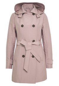 Trench-coat double boutonnage mauve clair avec boutons noirs, taille ceinturée, capuche, manches longues et poches latérales.