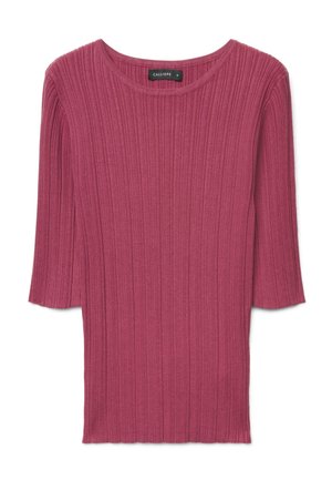 Top a manica corta in maglia costina rosa malva con scollatura rotonda e piccola etichetta della taglia all'interno del collo.